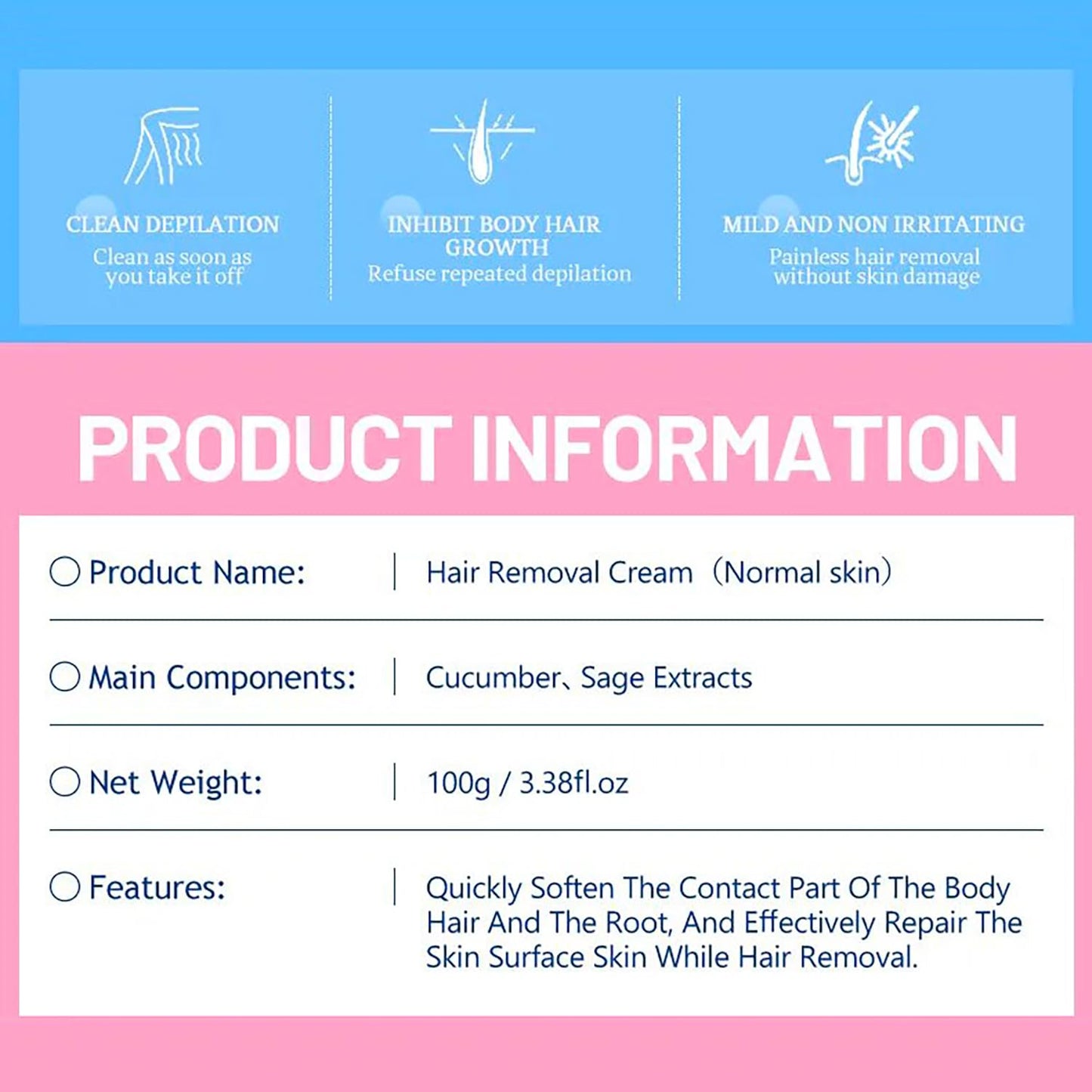 Hair Removal Cream Legs Body 5 min Fast-Action Armpits Breasts Arms Bikini Area Vegan All Type Of Skin 100g / 3.38fl.oz (Cucumber Sage Extract - Normal Skin)