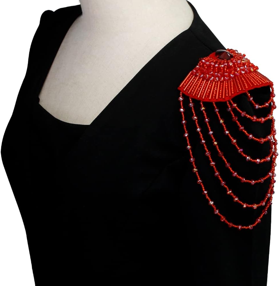 Beading Epaulettes Shouler Tassel Fringe Shoulder Patches Suit Epauletter Blazer Badge Jewelry Brooch with Pin Back for Stage Outfit Gown 2 Pieces (red)