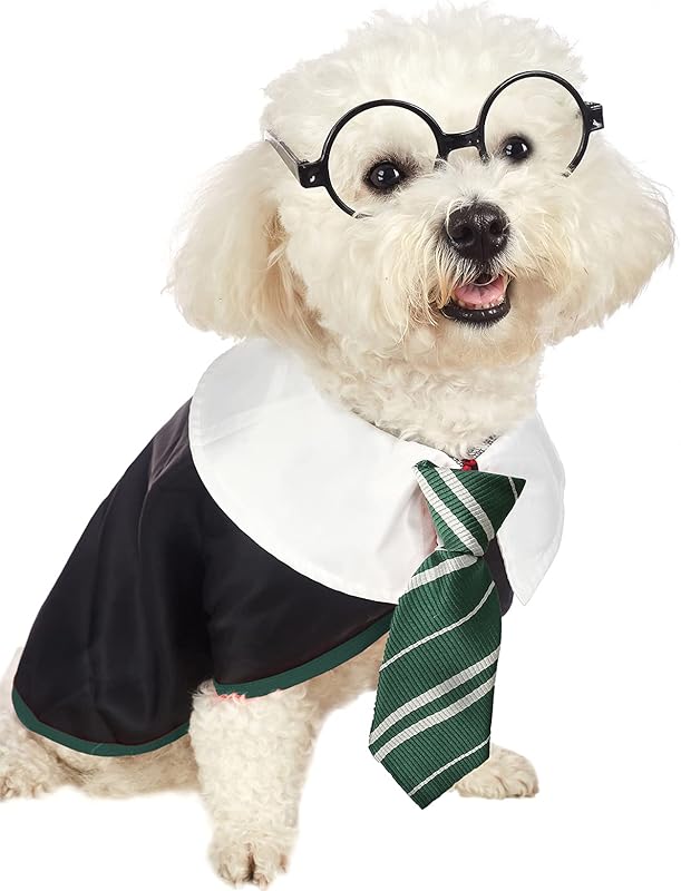 Pet Halloween Dog Shirts Funny Cat Wizard Costume Cute Apparel Soft Clothes with Glasses (Large,Neck:18")