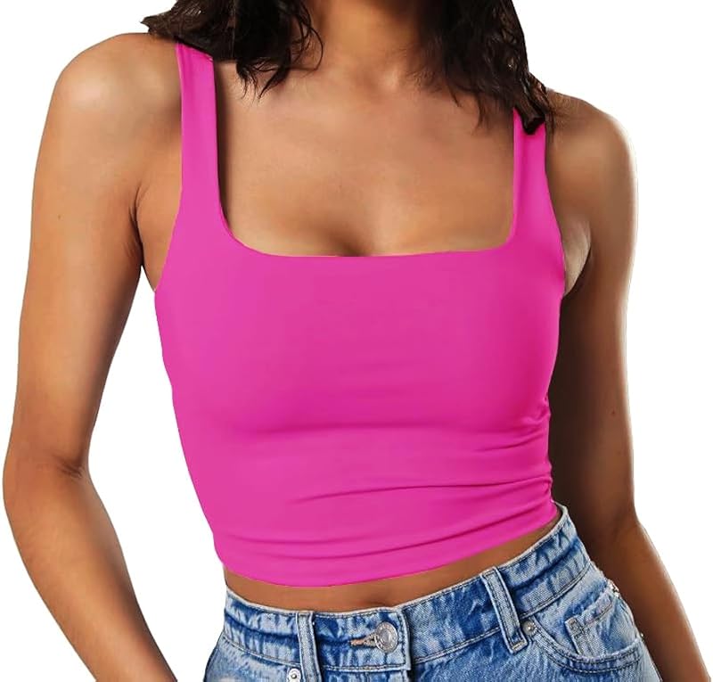 Artfish Women's Sleeveless Strappy Tank Square Neck Double Layer Workout Fitness Casual Basic Crop Tops