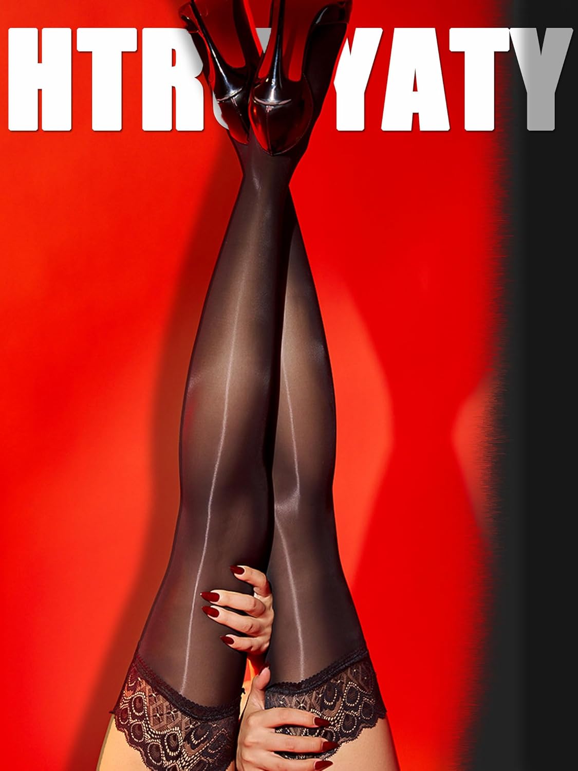 HTRUIYA Garter Stockings for Women Shiny Suspender Stockings Tights Lace Top Sheer Thigh High Silicone Control Pantyhose