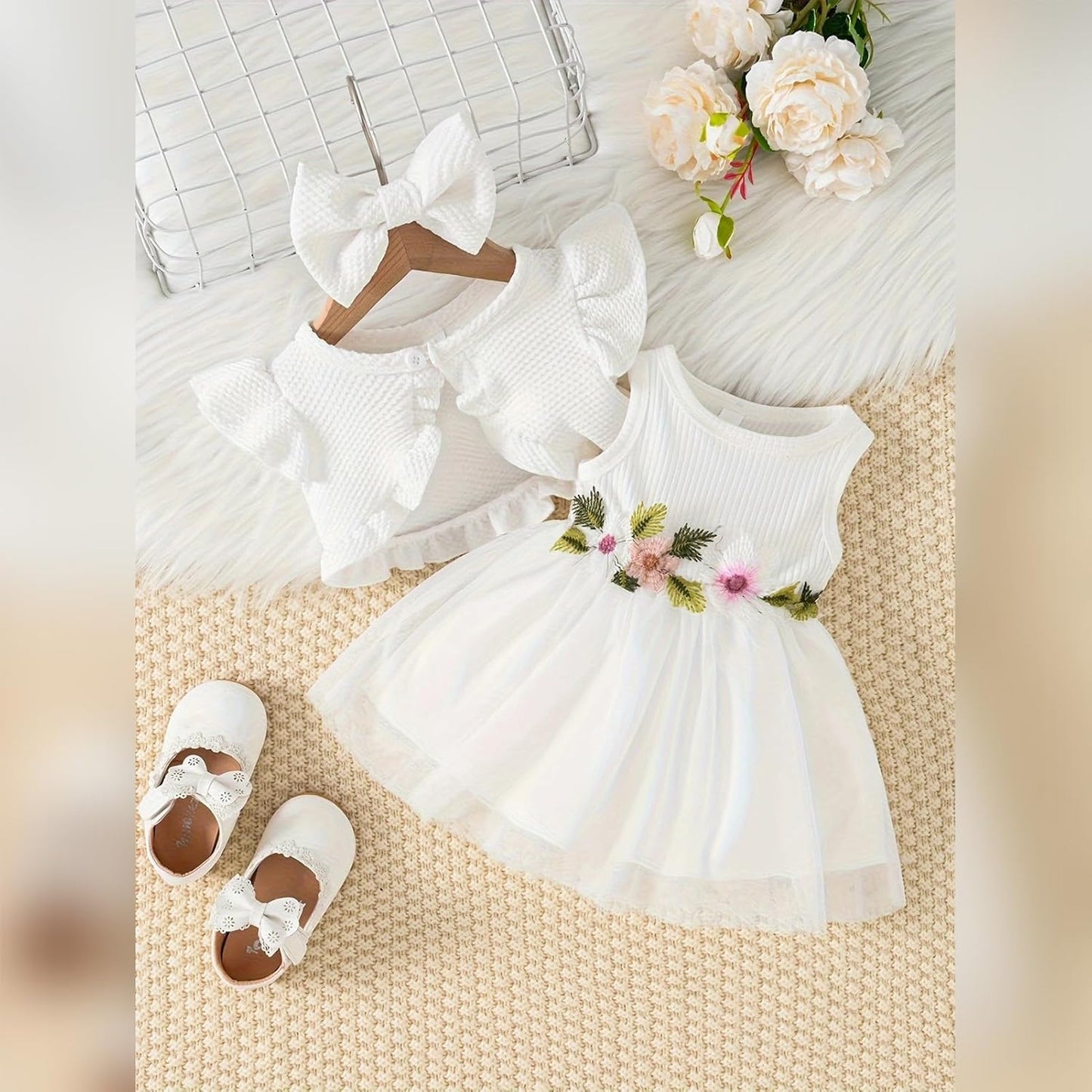 IDOPIP Baby Girls Tutu Dress Cardigan Headband 3 Pieces Elegant Embroidery Outfit Princess Baptism Ball Gown Pageant Dress