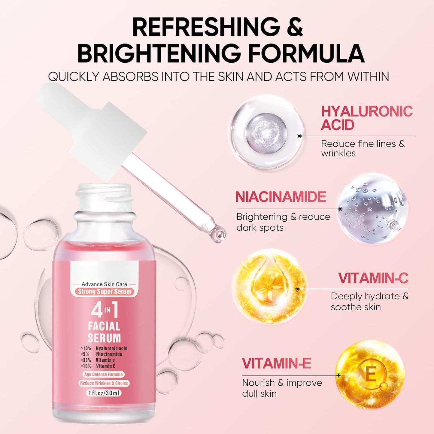 Vitamin C Serum For Face, Anti Aging Facial Serum with Vitamin C, Hyaluronic Acid, Vitamin E, Brightening, Repairing Essence, Hydrating Serum for Face, for Dull Skin & Fine Lines 30ml