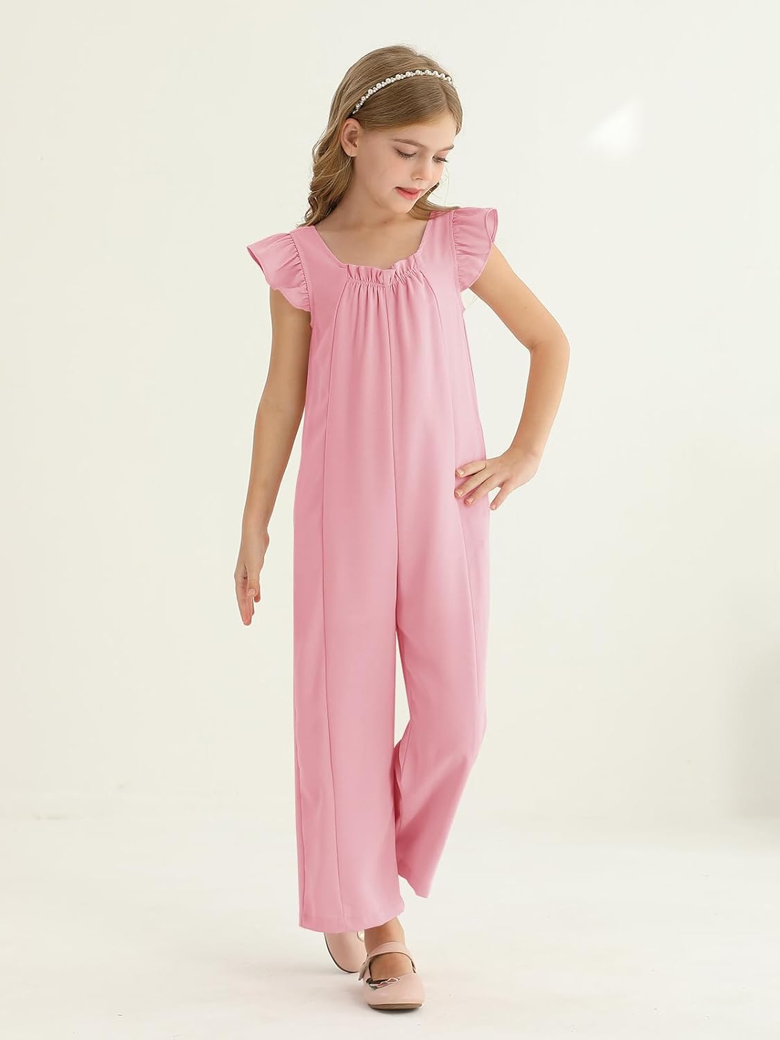 Haloumoning Girls Wide Leg Loose Jumpsuit Kids Casual Ruffle Sleeve Round Neck Romper with Pockets 5-14 Years