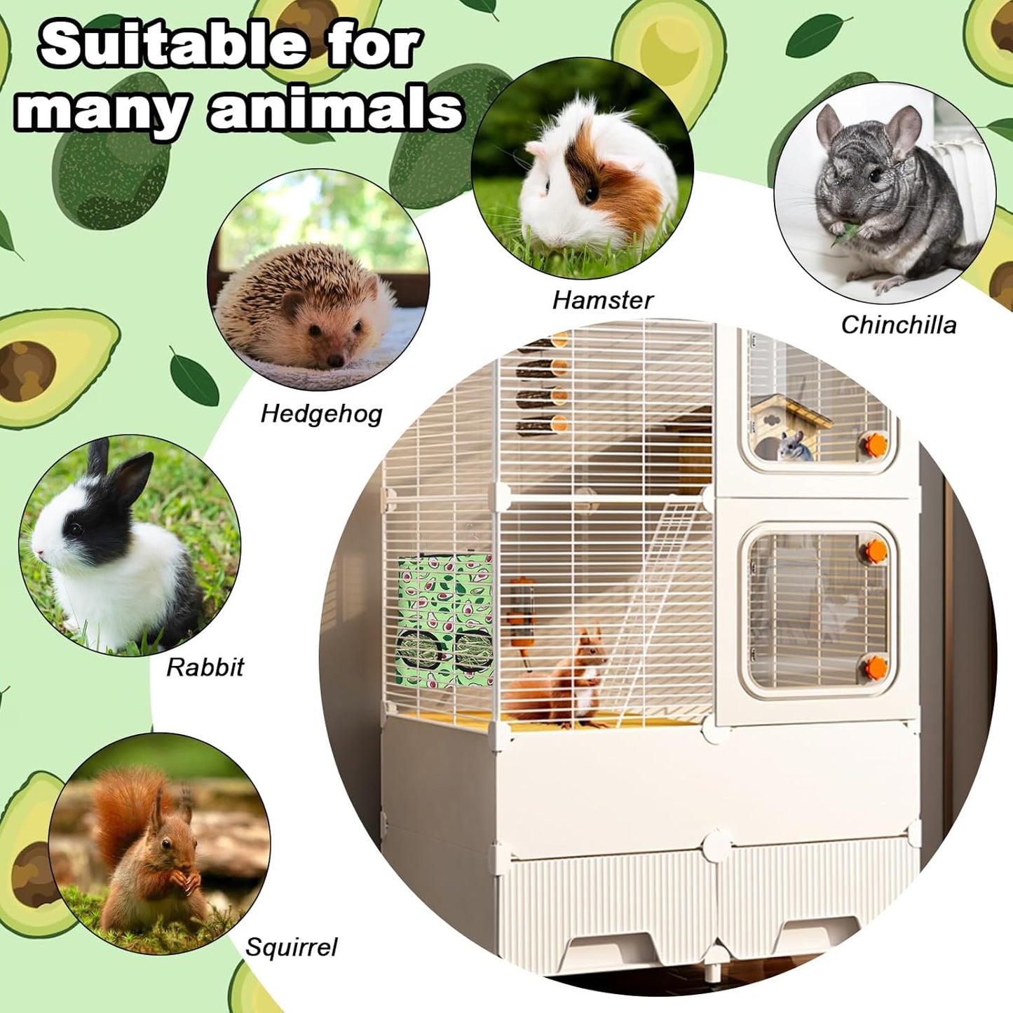 2 Packs Rabbit Hay Feeder Bag Strawberry Avocado Guinea Pig Hanging Hay Feeding Bag with 2 Holes Pet Storage Dispenser for Chinchilla Hamster Bunny Small Pet Animals