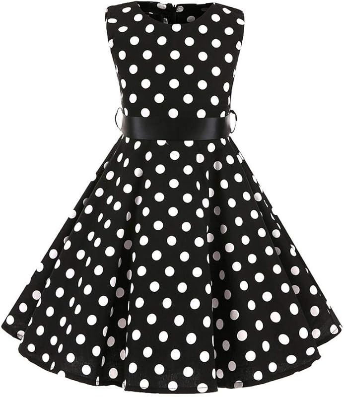 Kids Girls 50s Audrey Vintage Polka Dot Swing Party Rockabilly Dress Retro Peter Pan Doll Collar Wedding Casual Skater Dress