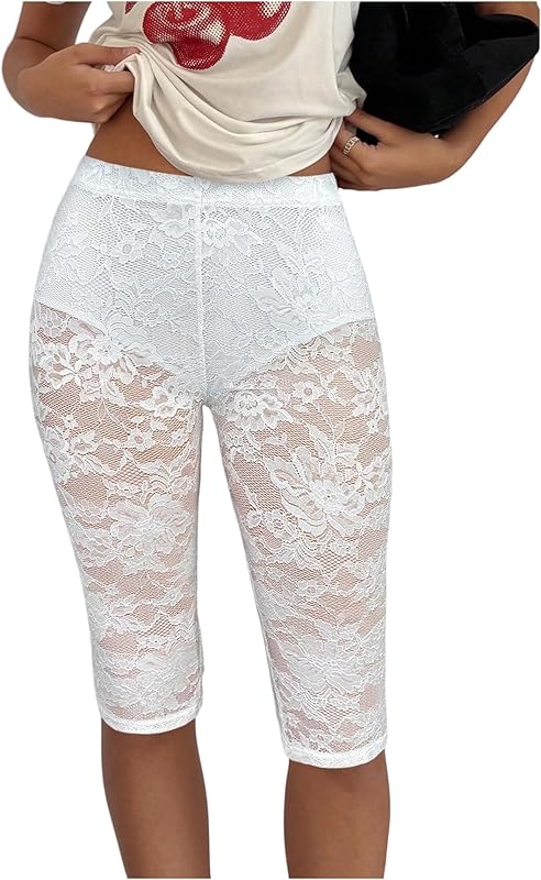 Women's Lace See Through Capri Pants Elastic High Waisted Skinny Leggings Cropped Trousers