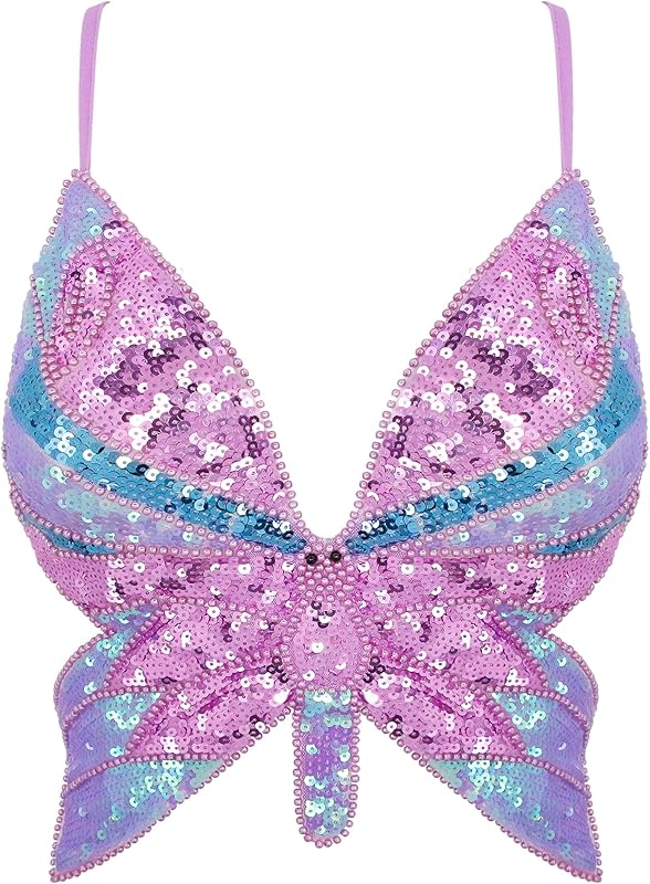 Mocure Womens Glitter Sequin Butterfly Crop Top Low-Cut Tank Top Rave Tube Vest Top for Belly Dance Costume Outfits