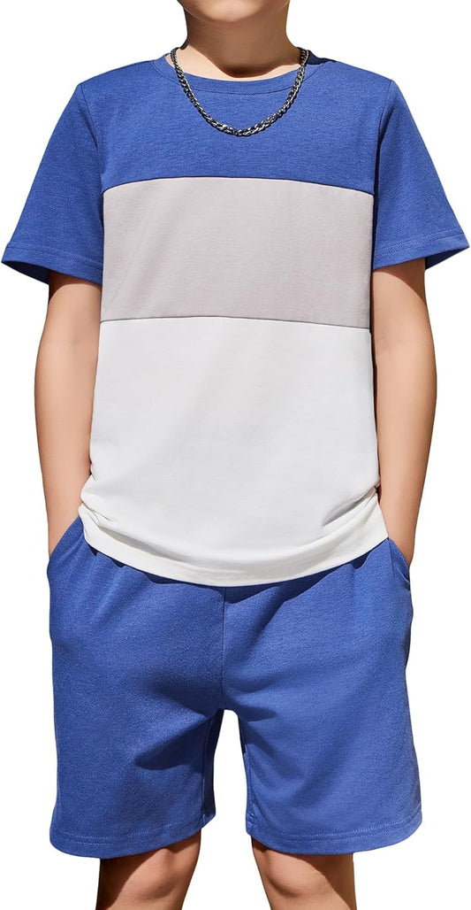 Arshiner Boys' 2-Piece Cotton Outfit Color Block T-Shirt and Shorts Set Casual Summer Clothes for Kids 6-14 Years