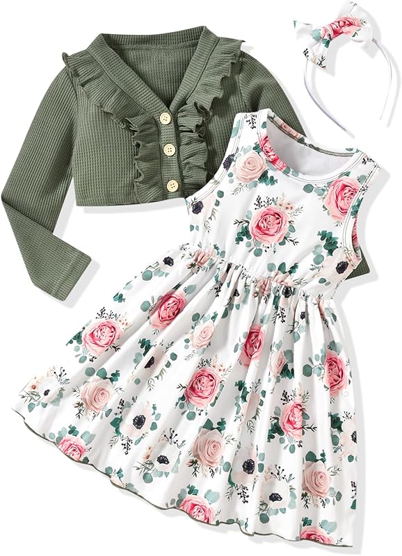 HINTINA Toddler Little Girls Dress And Cardigan Sets 2 Piece Floral Print Sleeveless Dress and Long Sleeve Cardigan Set