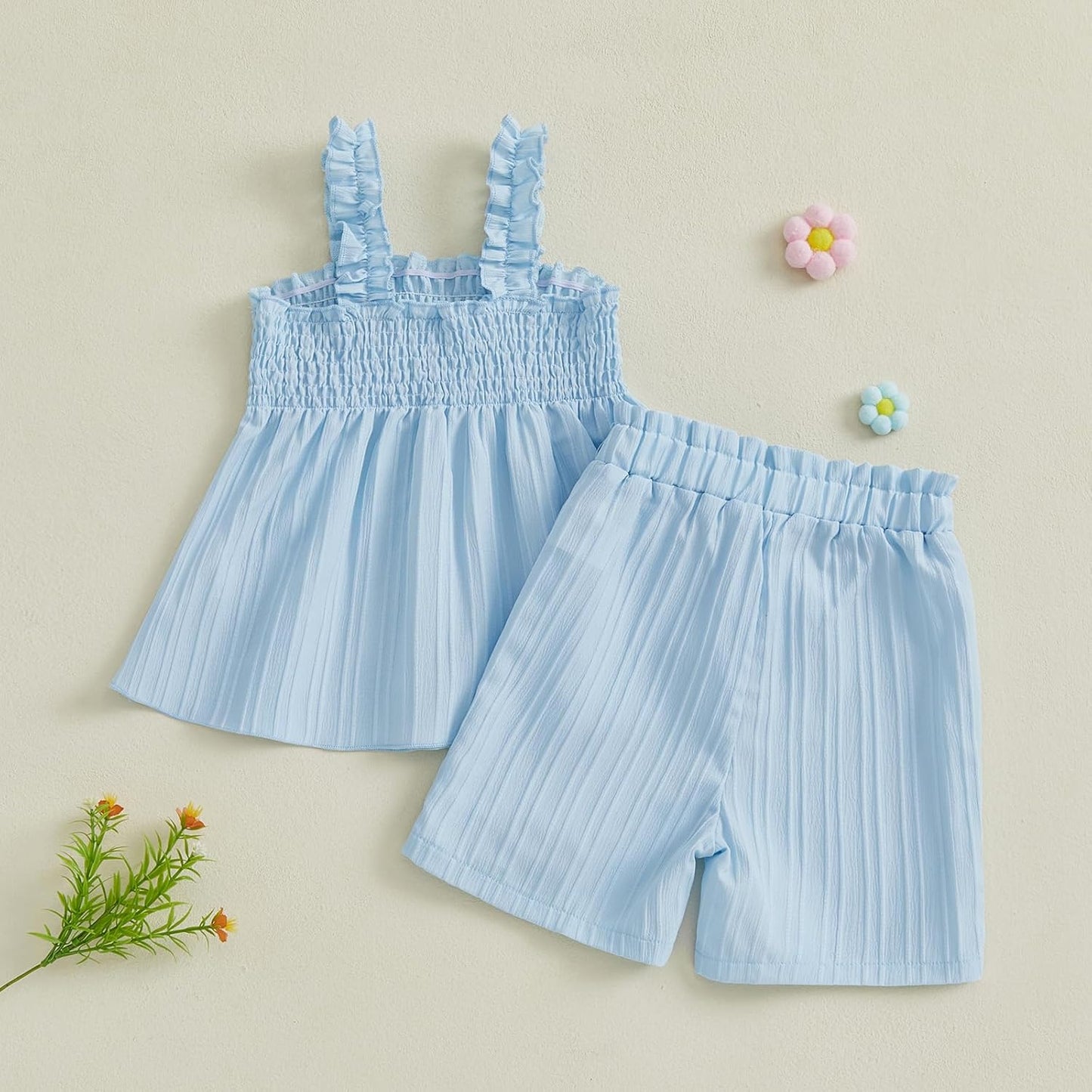 Toddler Baby Girl Summer Outfit 3D Flower Embroidery Smocked Sleeveless Tops Elastic Waist Shorts 2Pcs Clothes Set