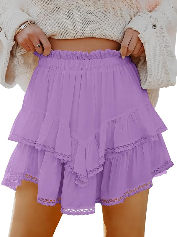 Caracilia Mini Skirts for Women Summer Casual Boho Crochet Ruffle Flowy Skirt Built in Shorts 2025 Fashion Trendy Skorts