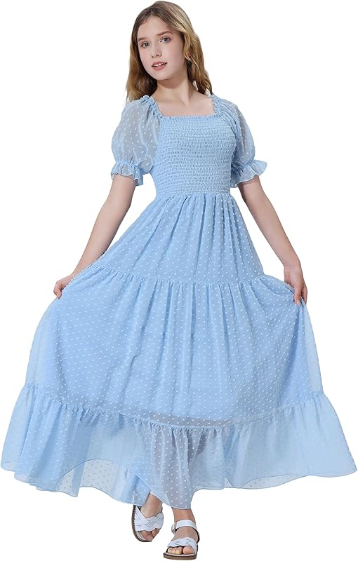 EXARUS Girls Maxi Long Smocked Dress Tween Swiss Dots Summer Square Neck Short Sleeve Casual A-line Dresses for 6-12Y