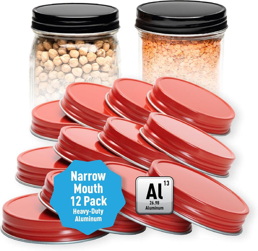 AllSpice Rust-Proof Narrow Mouth Aluminum Metal Mason Jar Lids Leak-Proof 12-Pack (Red Narrow)
