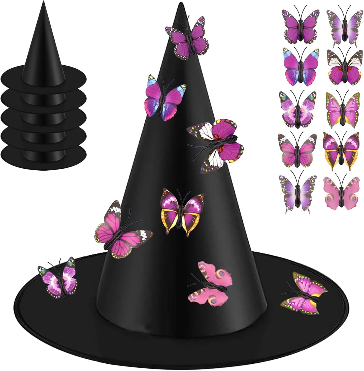 QLINLEAF 6 Pcs Halloween Witch Hat With 40 Butterfly for Witch Theme Decoration Halloween Cosplay Party