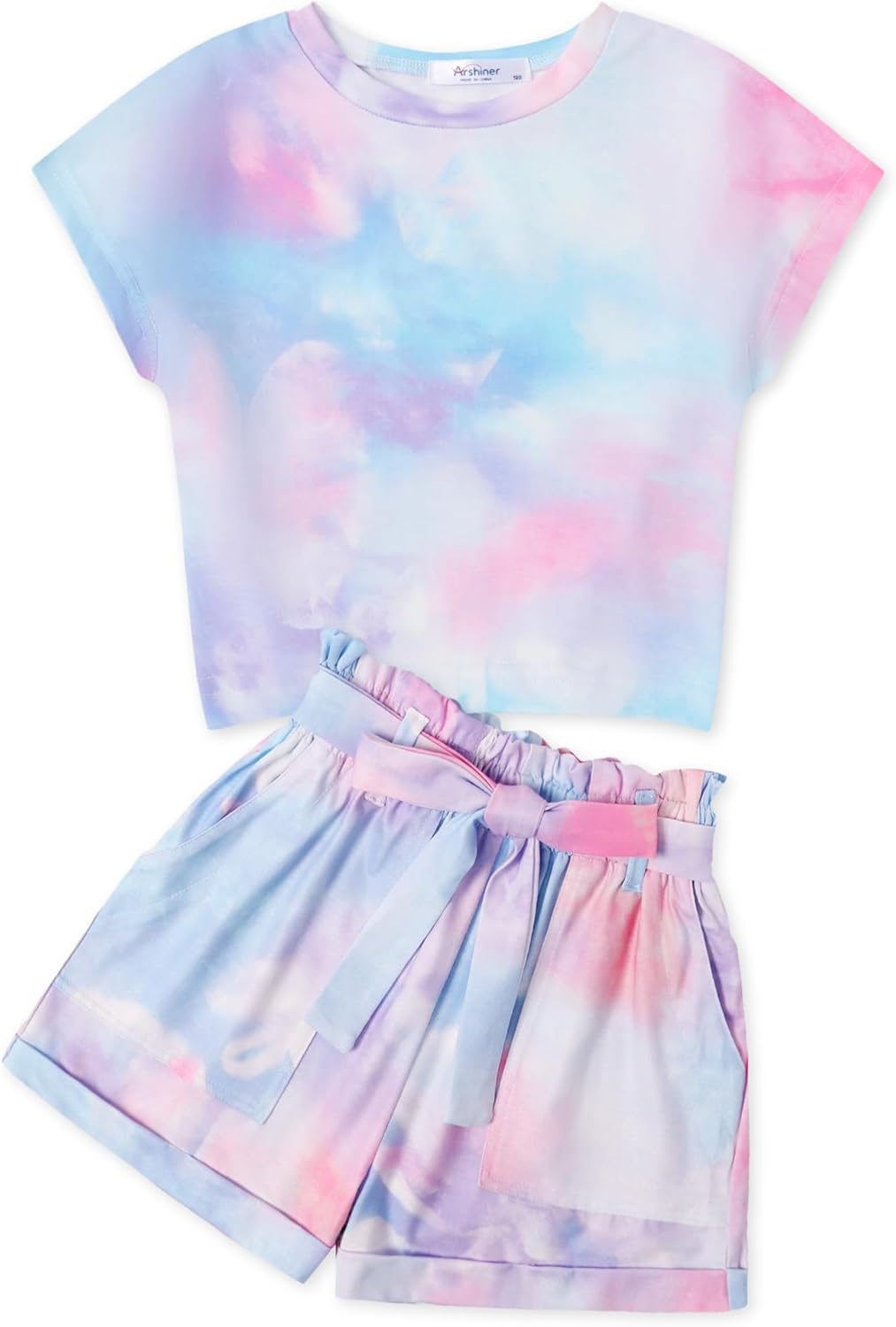 Arshiner Girls 2 Piece Outfit Summer Drop Shoulder Batwing Sleeve Tops and Paperbag Waist Shorts Set Cute Clothing Size 6-14