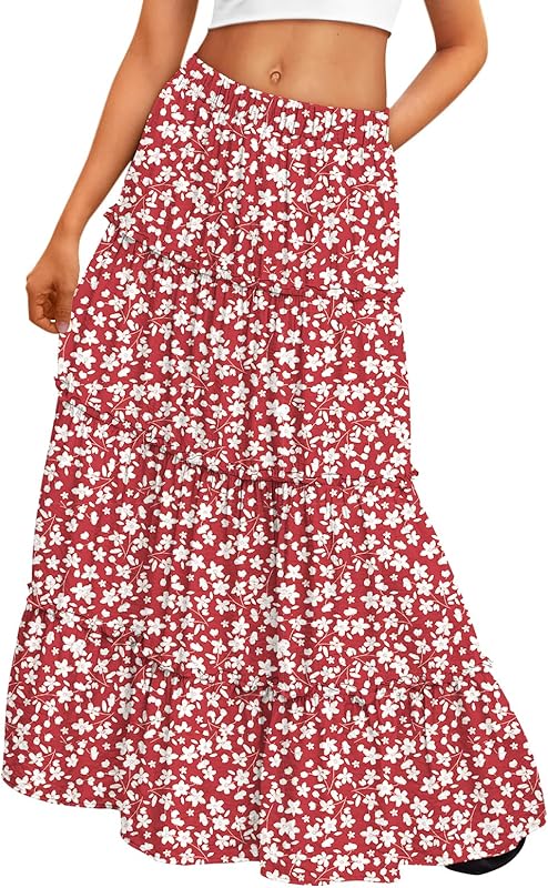Trendy Queen Long Skirts for Women Boho Maxi Skirt Summer Swing Tiered A-Line Elastic High Waist Dress with Pockets Fashion
