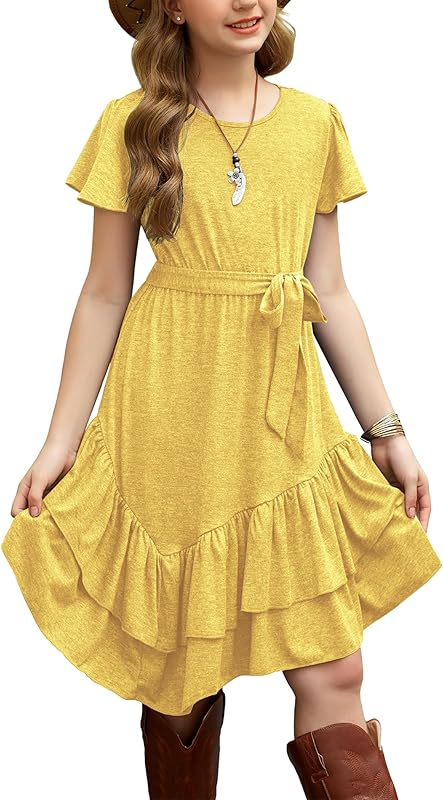 Arshiner Girls Dresses Loose Plain Casual Ruffle Swing Midi Dress with Belt for 5-14 Years