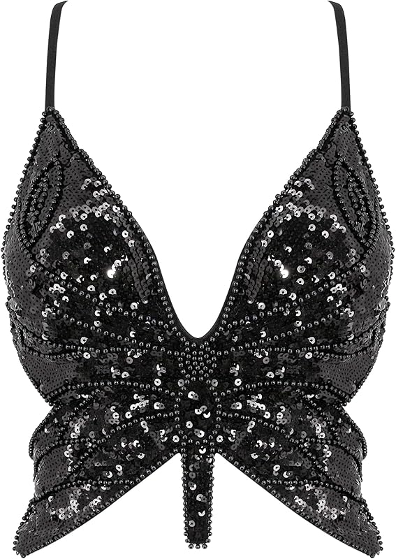 Mocure Womens Glitter Sequin Butterfly Crop Top Low-Cut Tank Top Rave Tube Vest Top for Belly Dance Costume Outfits