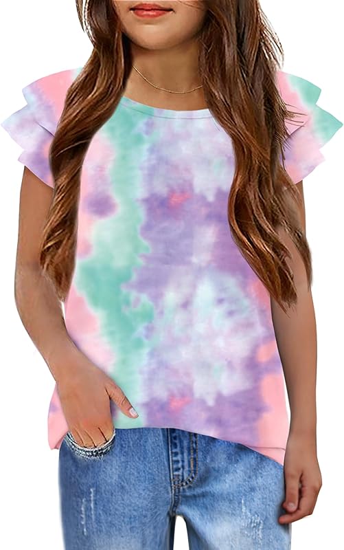 Girls T Shirts Ruffle Short Sleeve Round Neck Loose Blouse Summer Solid Color Casual Girl Tee Tops for 3-12 Years