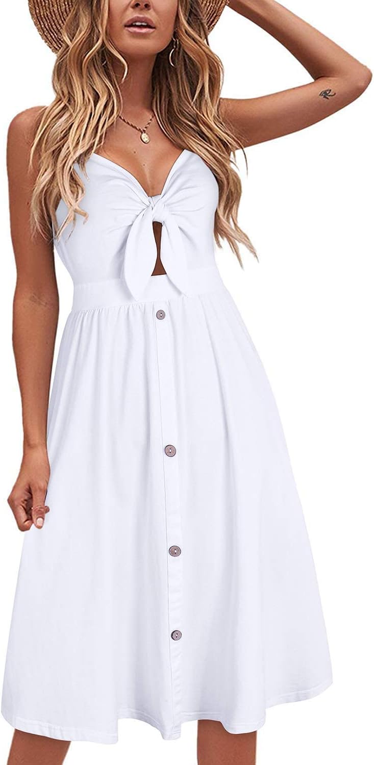 VOTEPRETTY Womens Summer Dresses Tie Front Beach Dress Spaghetti Strap Sundress with Pockets for Party Vacation