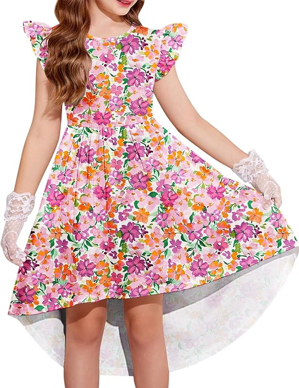 Arshiner Girls Summer Dress Tween Flutter Sleeve High Low Formal Dresses for Wedding Party with Pocket