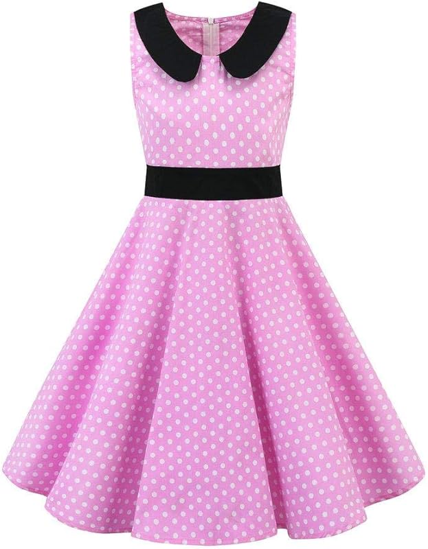 Kids Girls 50s Audrey Vintage Polka Dot Swing Party Rockabilly Dress Retro Peter Pan Doll Collar Wedding Casual Skater Dress