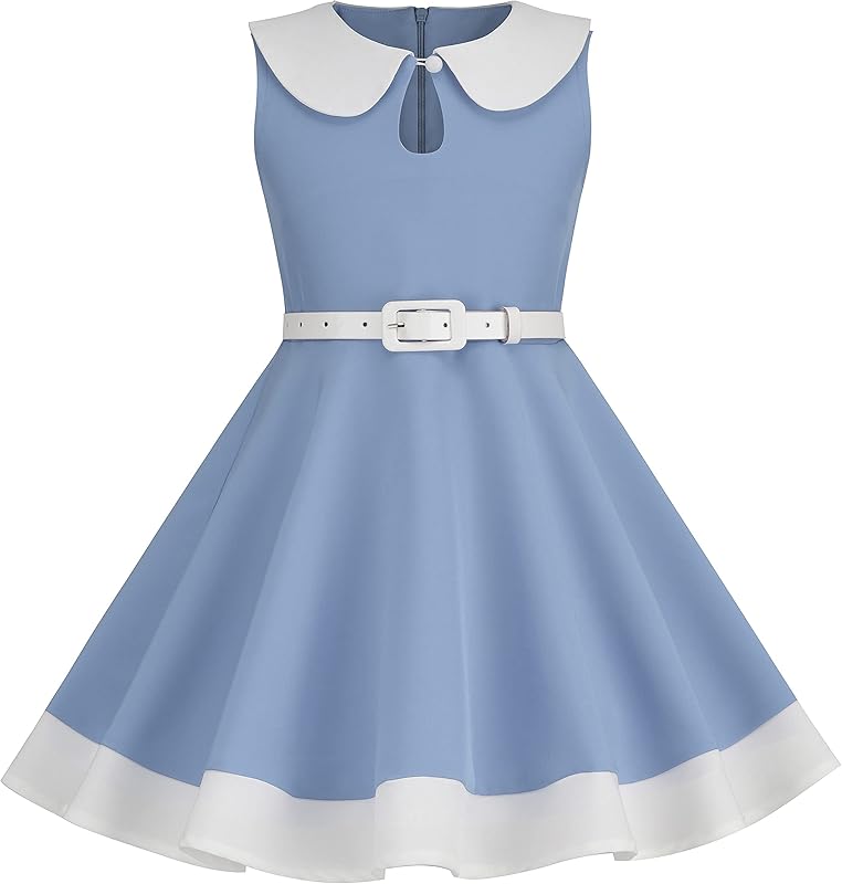 Kids Girls 50s Audrey Vintage Polka Dot Swing Party Rockabilly Dress Retro Peter Pan Doll Collar Wedding Casual Skater Dress