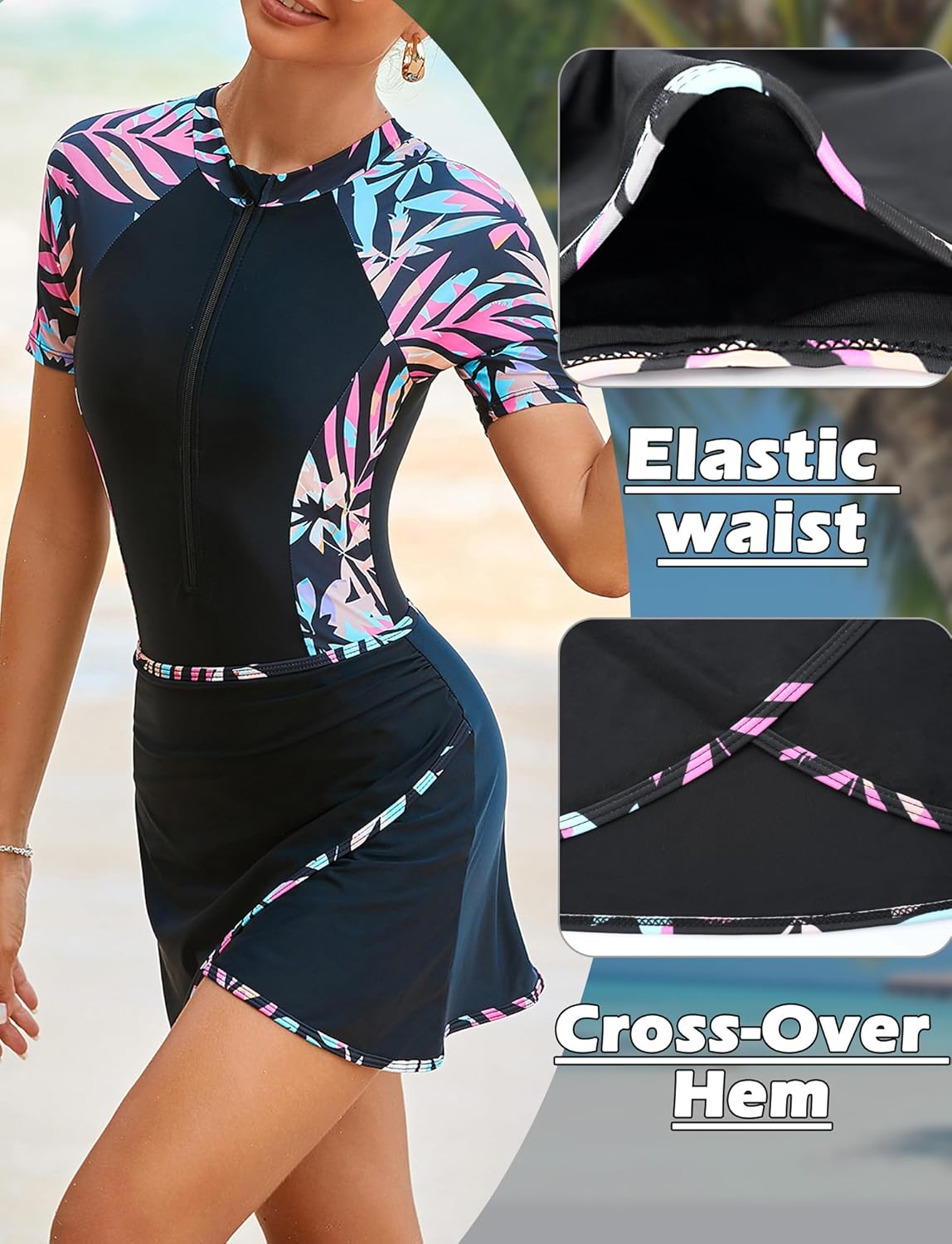 SEAUE Women's Short Sleeve Rash Guard One Piece Bathing Suit with Skirt Zip Front Swimwear UPF 50+