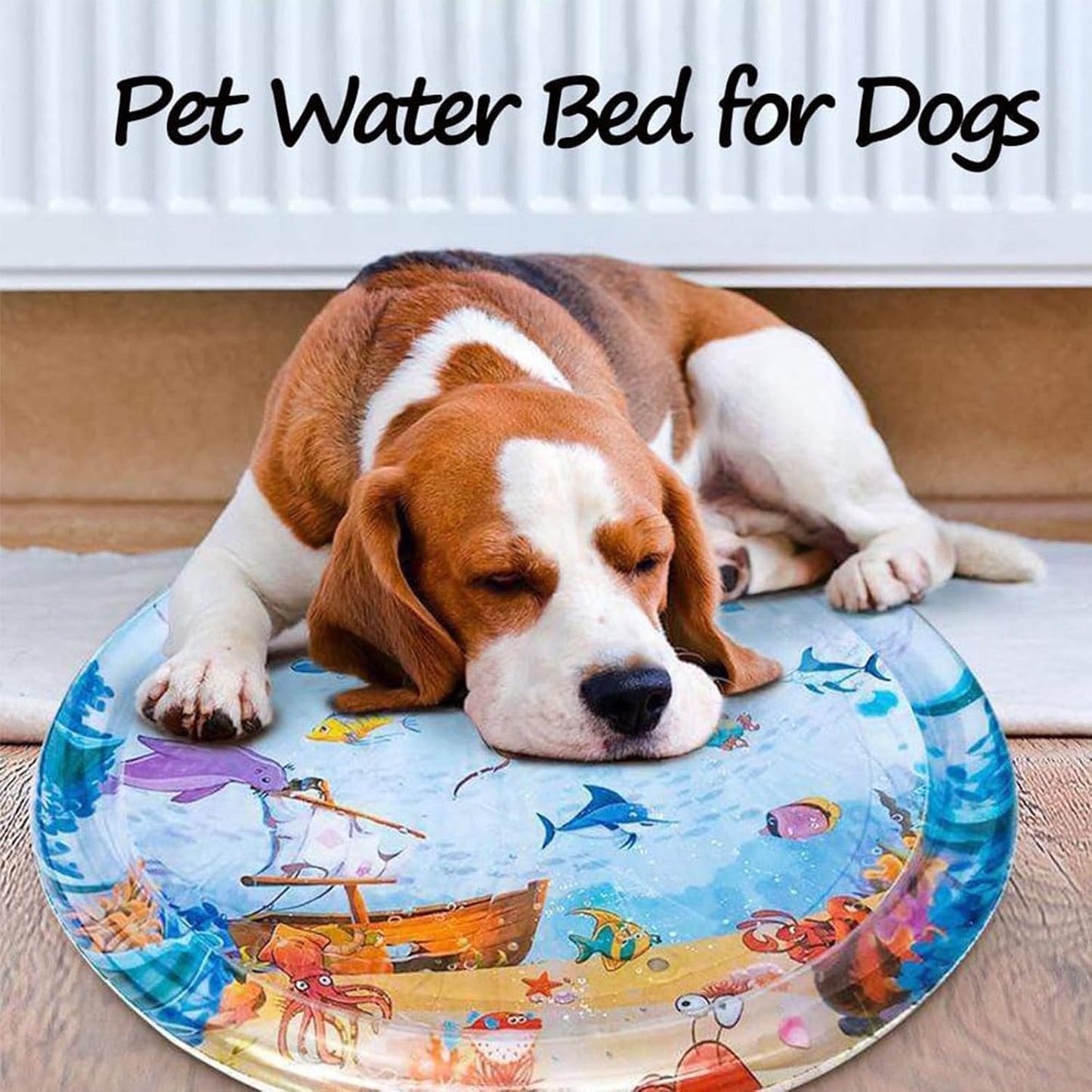 Pet Water Bed, Thickened Water Sensory Play Mat for Cats Dog, Waterbed Toy with Fish, Washable Inflatable Playmat, Puncture Proof Cooling Mat for Pet, Feel Cool Comfort (Large Round Model C)
