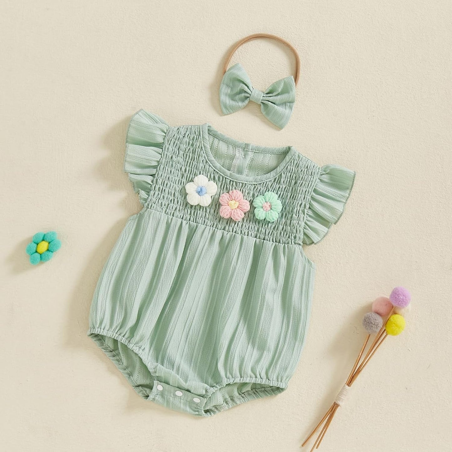 Newborn Baby Girl Outfits Cute 3D Knit Floral Summer Clothes Infant Fly Sleeve Bubble Romper Headband Clothing