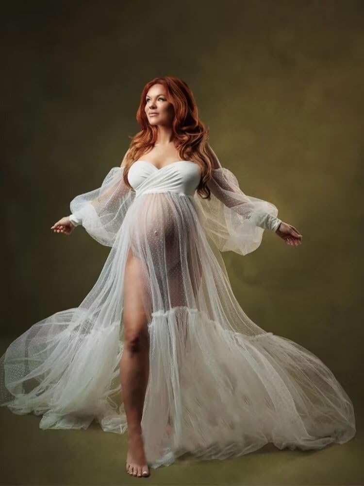 Off Shoulder Tulle Maternity Dress for Photoshoot Puffy Sleeve Wedding Bridal Pregnancy Robe Baby Shower Photography