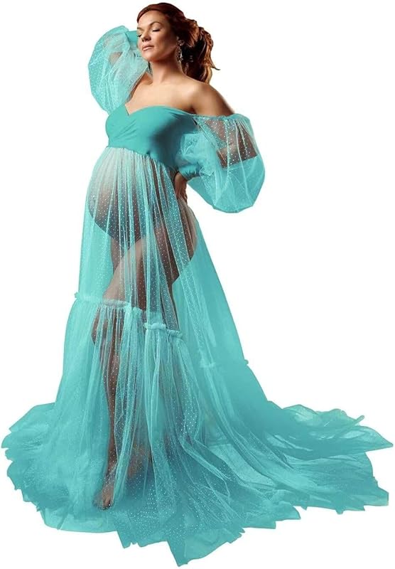 Off Shoulder Tulle Maternity Dress for Photoshoot Puffy Sleeve Wedding Bridal Pregnancy Robe Baby Shower Photography