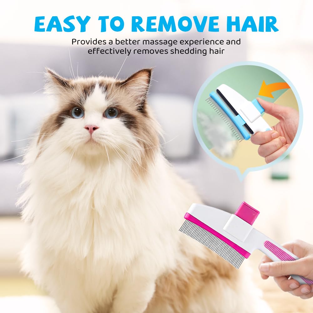 Pet Hair Removal Comb Flea Comb, Cat Brush with Release Button, Cat Grooming Brushes for Indoor Cats Shedding, Cleaning Shedding Pet Hair Remover for Dogs Cats Pet Grooming Brush Tool (Blue, 1PC)