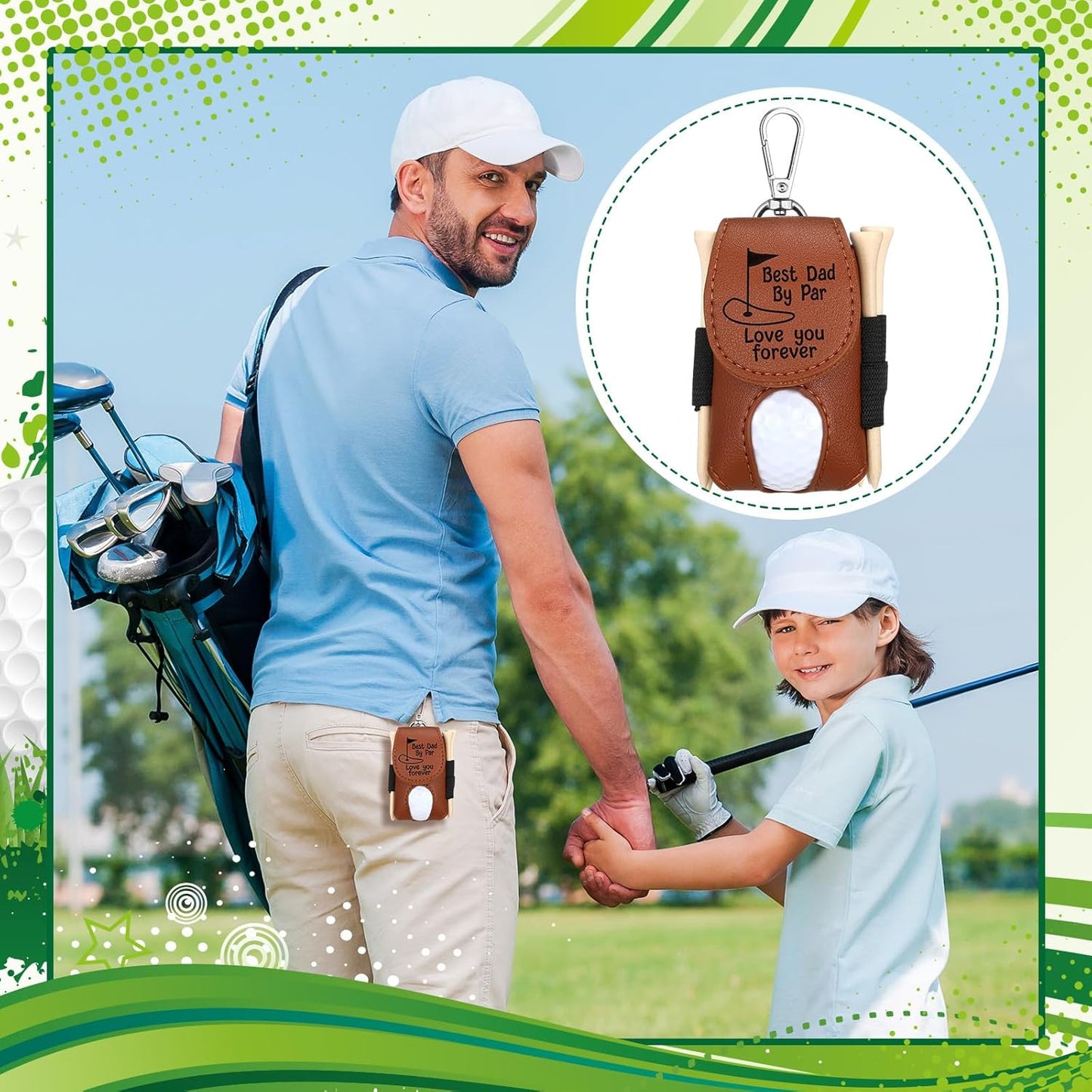 8 Pcs Fathers Day Golf Set Dad Golf Gifts, Golf Ball Pouch Bag Best Dad by Par and 5 Pcs Wood Tees 2 Pcs Golf Balls Christmas Birthday Gift for Men, Dad, Grandpa from Daughter Son Kids