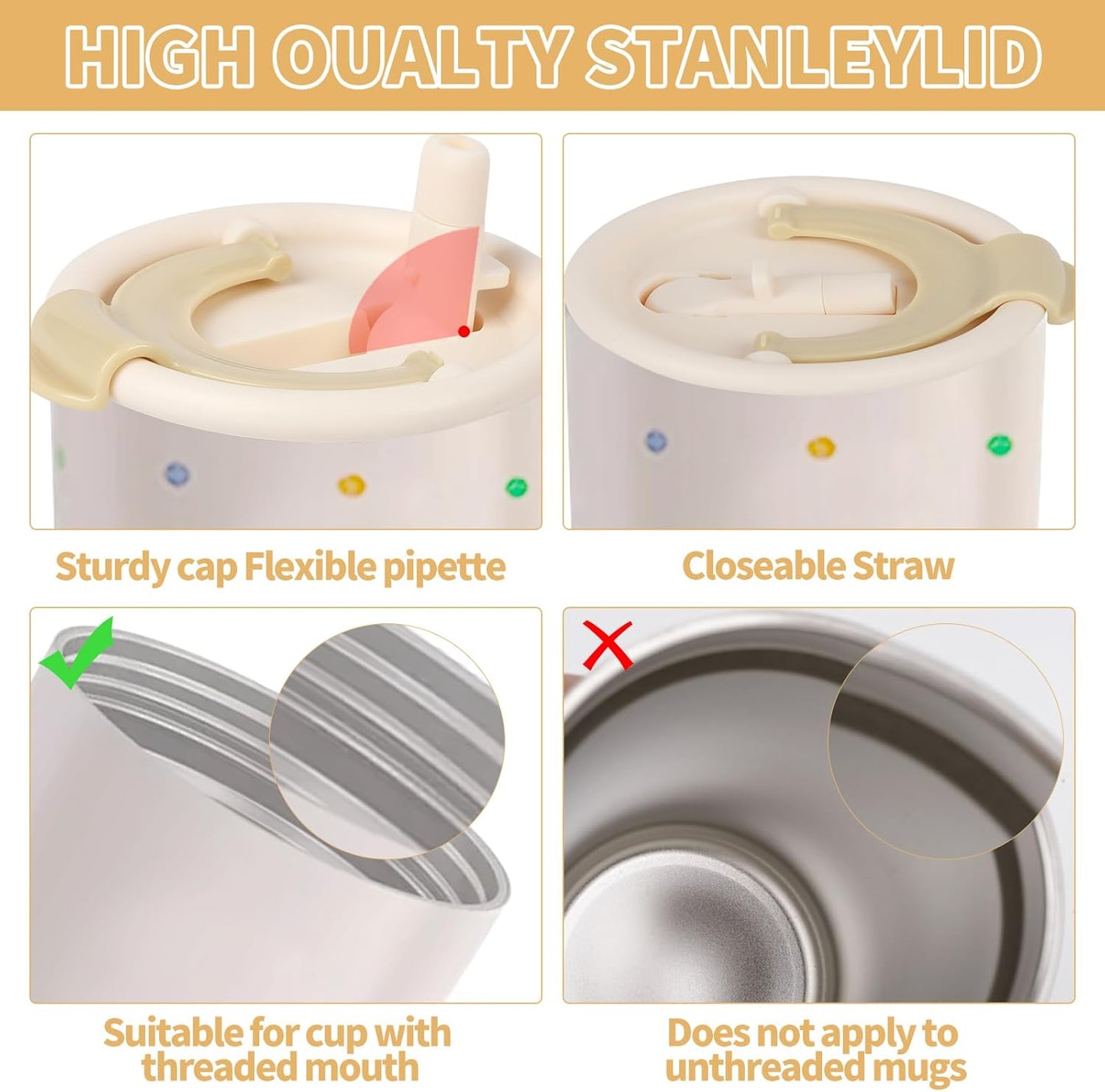 2 Pack Flip Straw Replacement Lids，40 OZ Tumbler Lid Replacement for Stanley Quencher，with 2 Straws, Dual Drinking Outlets, Compatible with Stanley Cup Accessories Spill Proof Tumbler Lids for (Ivory)