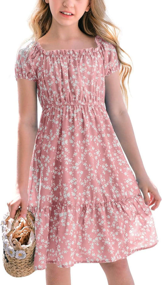 Haloumoning Girls' Dresses Square Neck Floral Dress Dresses Summer Puff Sleeves A-line Midi Dress Kids Party Dress