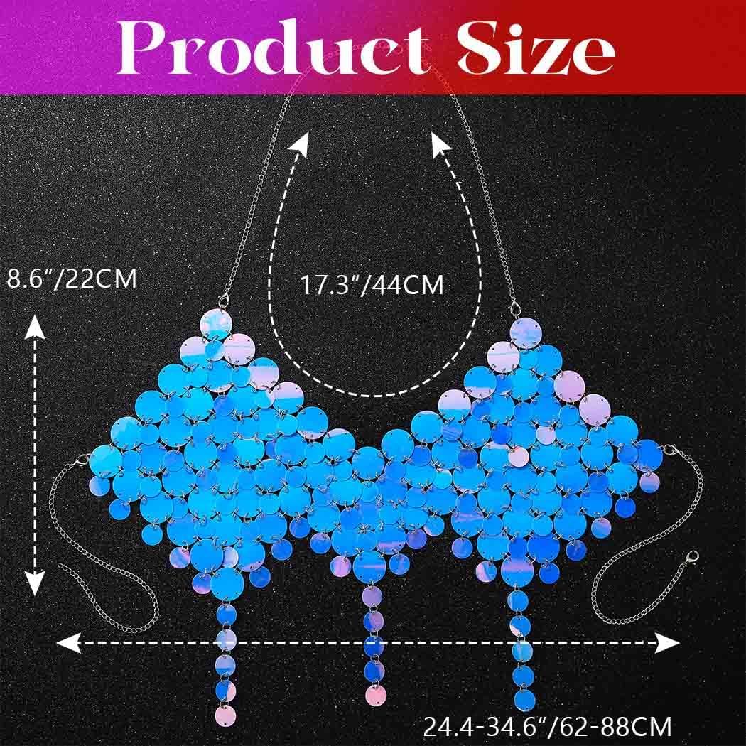 REETAN Sparkly Sequin Bra Top Iridescent Body Chain Rave Outfit for Women