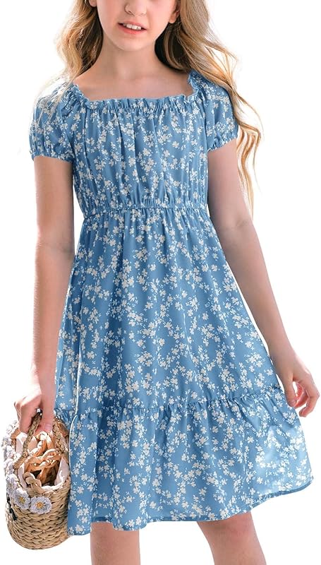 Haloumoning Girls' Dresses Square Neck Floral Dress Dresses Summer Puff Sleeves A-line Midi Dress Kids Party Dress