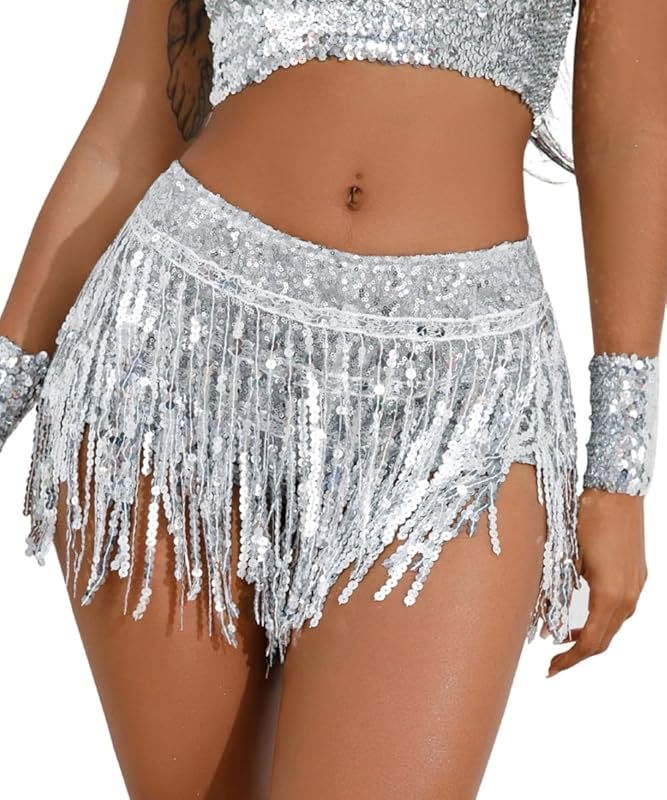 Yollmart Women's Sequins Tassel Skirts Shorts Booty Dance Festival Bottoms