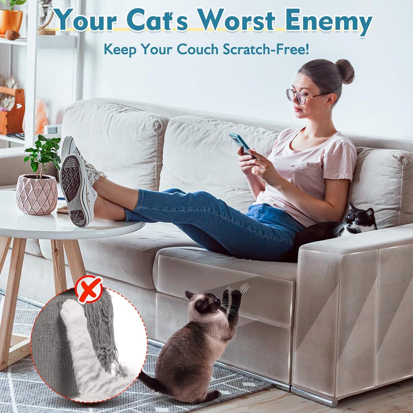 No Glue Marks - Finokeil Cat Scratch Furniture Protector, Couch Protector from Cat Claws, Eco-Friendly Furniture Protectors from Cats Scratching, Correcting Pet Scratching Habits(12-Pack+50 Pins)