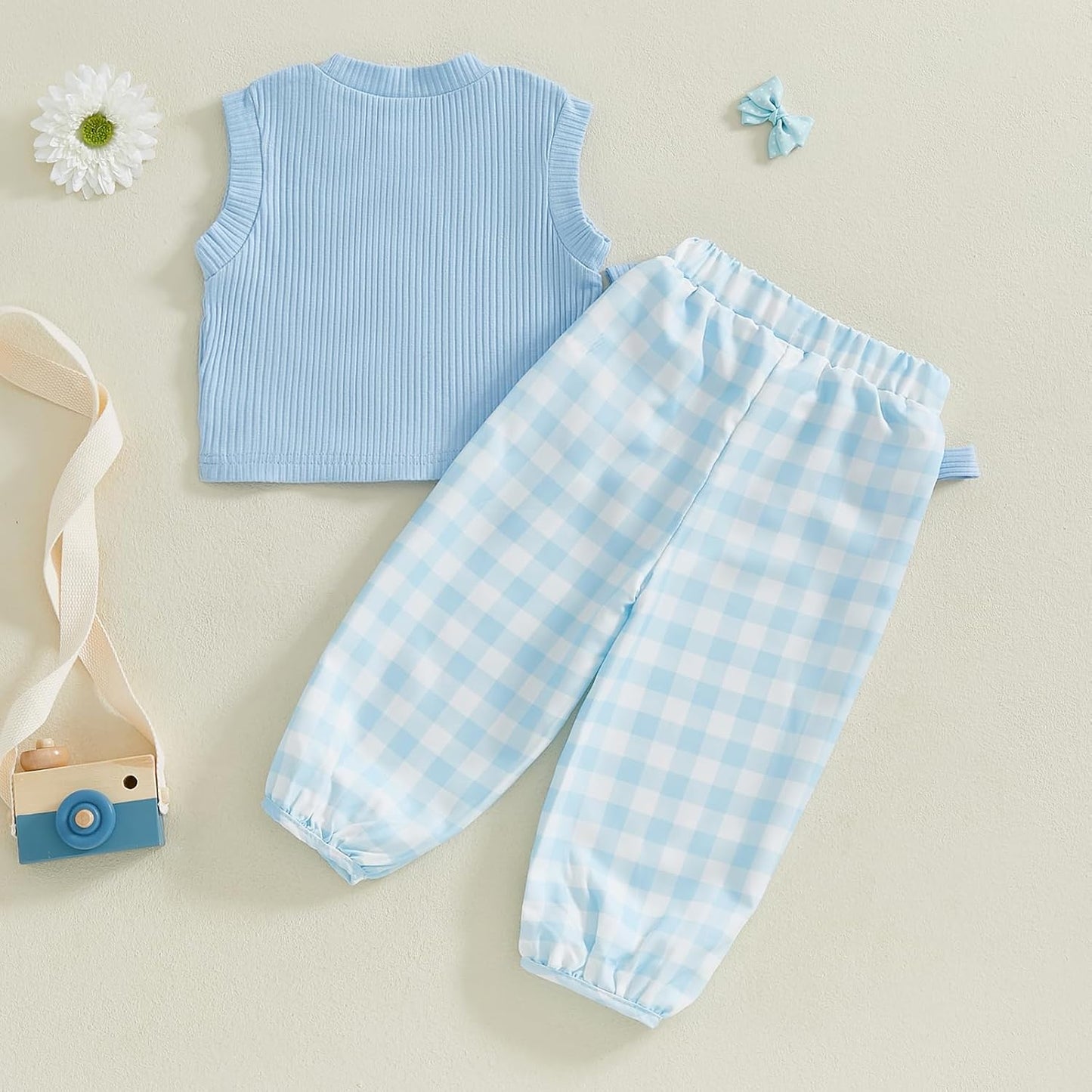 Kaipiclos Toddler Baby Girl Clothes Ribbed Knit Sleeveless Tank Top & Bow Plaid Pants 2 Piece Spring Summer Outfit Set 12M-5T