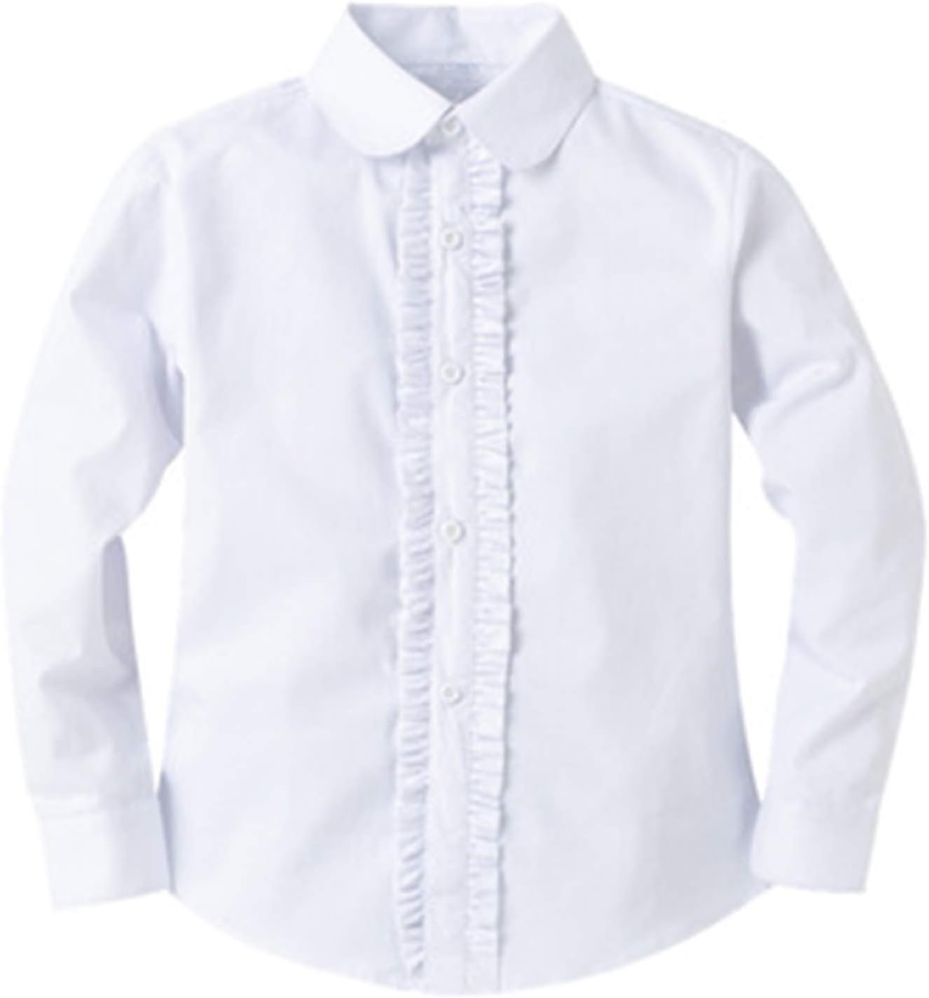 Bienzoe Girls School Uniform Shirt: Kids Summer Ruffle Button Down Long Sleeve Cotton Oxford Blouse