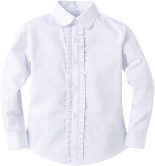 Bienzoe Girls School Uniform Shirt: Kids Summer Ruffle Button Down Long Sleeve Cotton Oxford Blouse