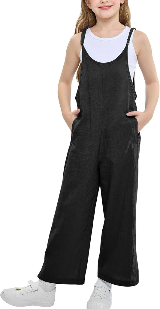 Rolanko Girls Jumpsuit Adjustable Spaghetti Strap Loose Overalls Rompers, Cotton Baggy Plain Playsuits with Pockets for Age 5-12 Years