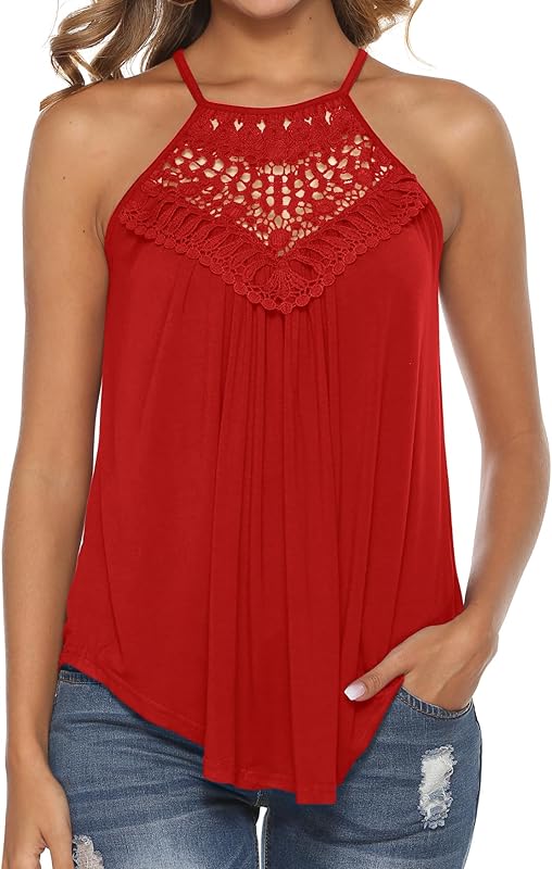Bluetime Halter Tops for Women Sexy Sleeveless Lace Crochet Dressy Flowy Tank Top Cute Summer Shirts