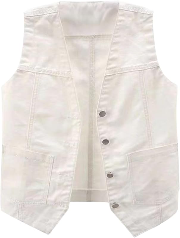 Womens Sleeveless Denim Vest V Neck Button Down Jean Waistcoat Y2K Casual Trendy Loose Fit Lightweight Jackets with Pockets