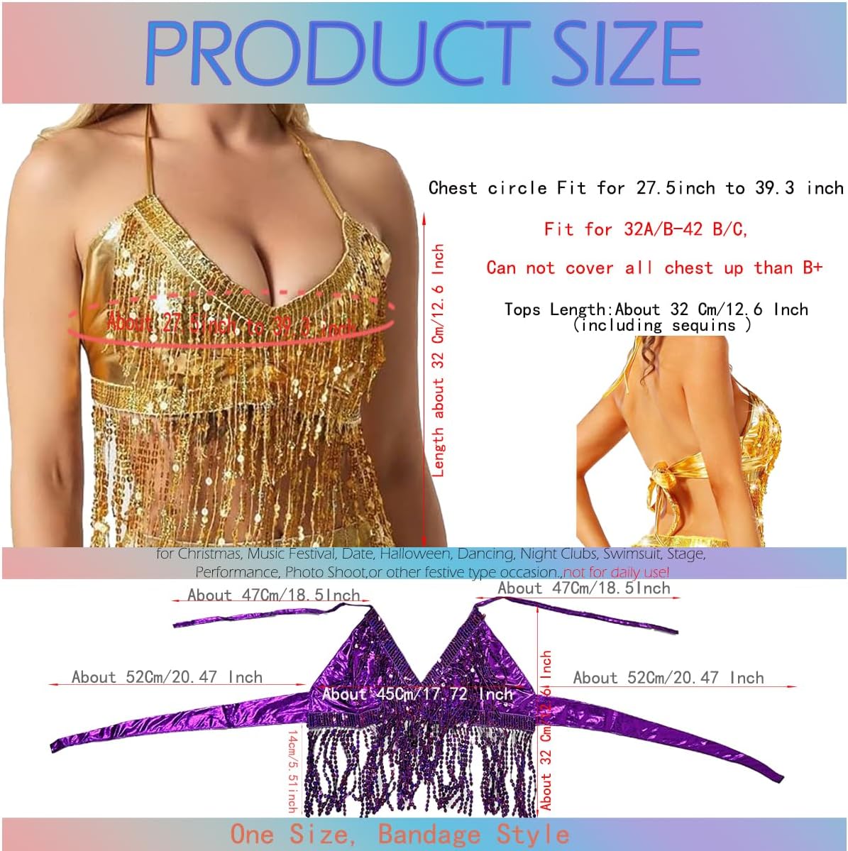 Wuchieal Women's Belly Dance Costume Sequin Bra Tassel Top with Chest Party Club Wear Bra Top