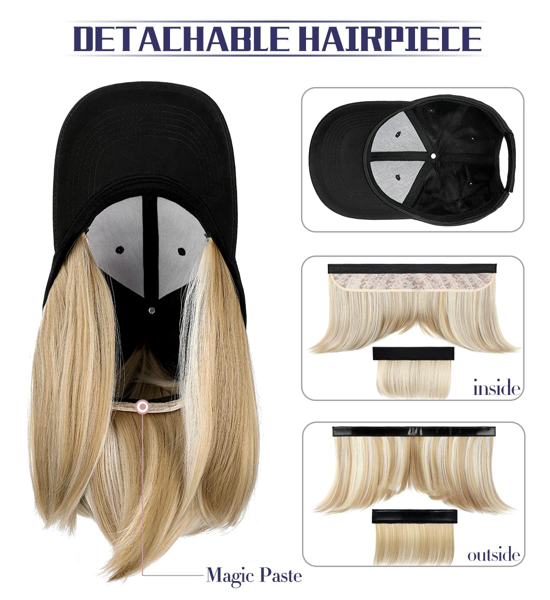 Qlenkay Baseball Cap with Hair Extensions Straight Short Bob Hairstyle Adjustable Removable Wig Hat 14inch for Woman Girl Ash Blonde Mix Bleach Blonde