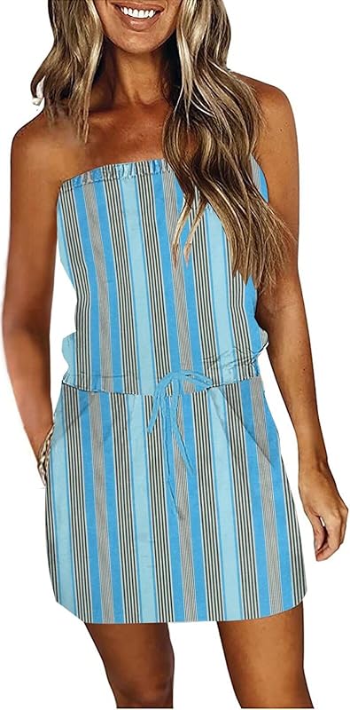 SAUKOLE Summer Dress for Women Strapless Beach Cover Ups Boho Sundress Mini Dress Drawstring Waist with Pockets